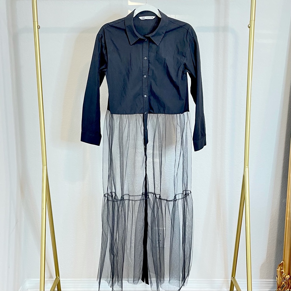 ZARA Button Down Half-Sheer Mesh Maxi Blouse
